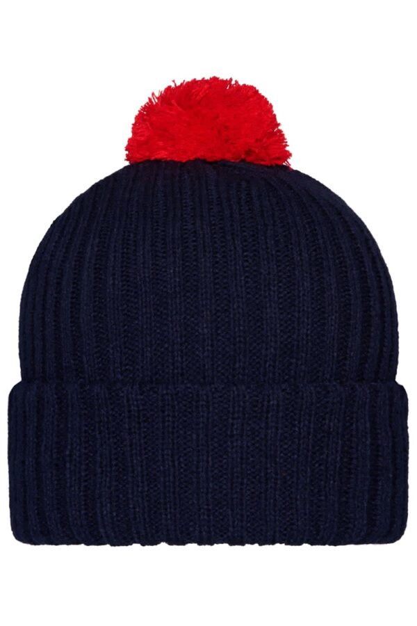 A knitted cap in navy blue with a red pompon on top and a ribbed texture. It features a logo on the side.