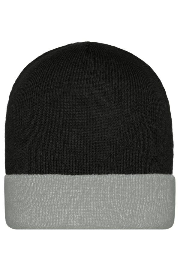 A knitted cap featuring a black body and a grey cuff, with a logo displayed on it.