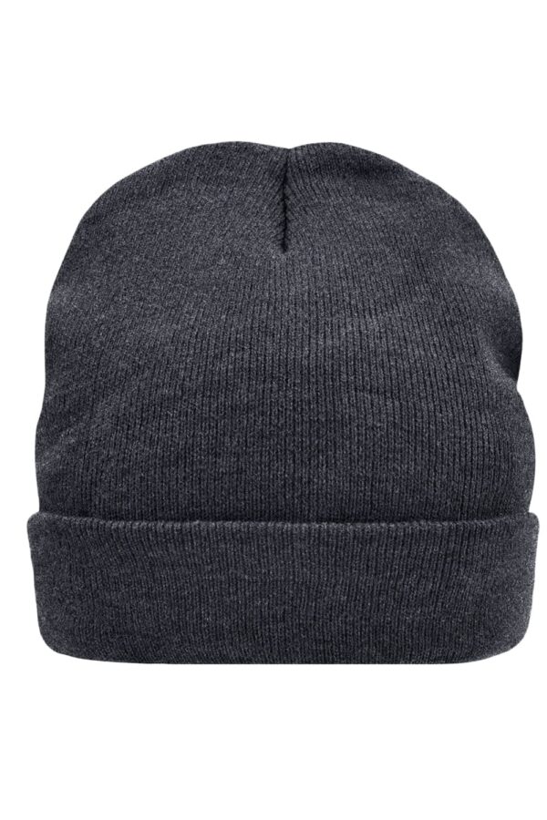 A grey knitted cap with a folded rim and a textured finish. Features a logo on the side.