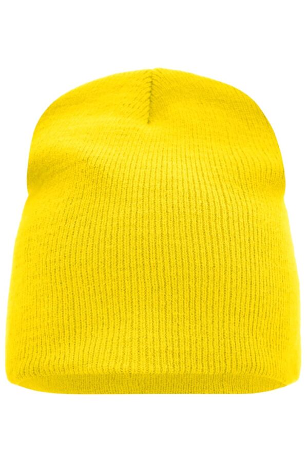 A yellow knitted beanie with a ribbed texture and a rounded top. It features a logo on one side.