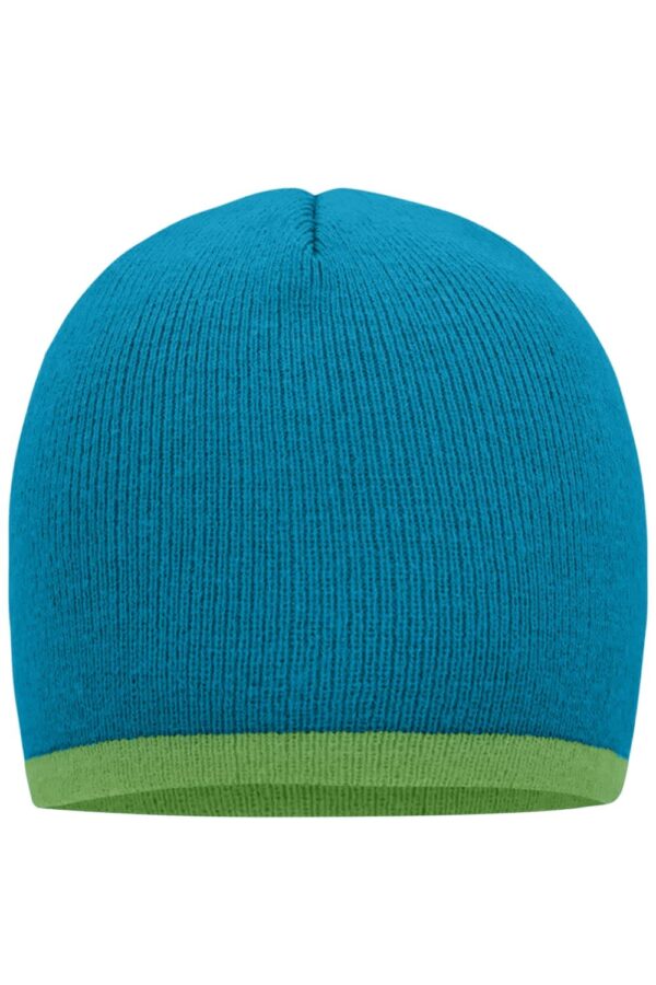 A beanie in a vibrant blue colour with a contrasting green border at the bottom. It has a simple design and no visible branding.