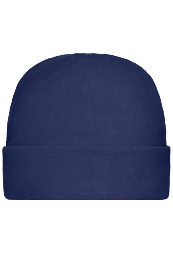 A navy blue microfleece cap with a folded brim, featuring a logo on the side.