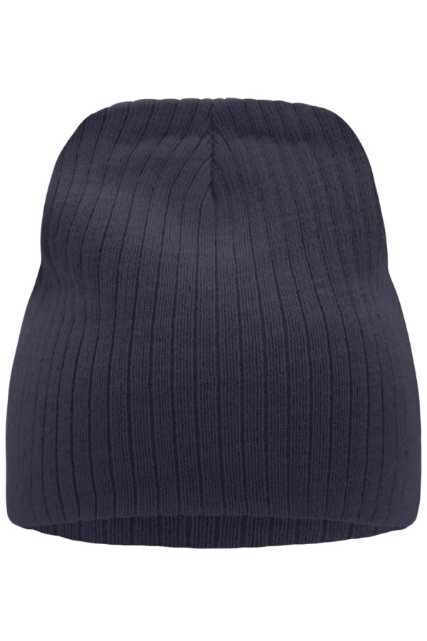 A navy ribbed beanie with a snug fit and textured design. It has a logo on one side.
