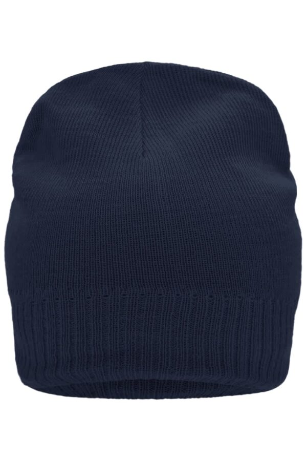 A navy knitted beanie with a fleece inset, featuring a ribbed cuff and a smooth top. It has a logo.