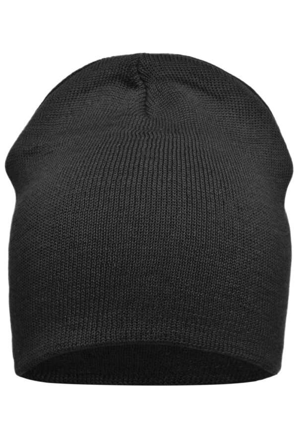 A black cotton beanie featuring a ribbed knit design and a rounded top. It has a logo on one side.