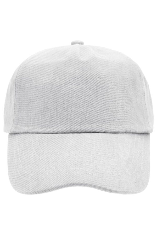 A grey 5 panel cap with a curved brim and a logo on the front.