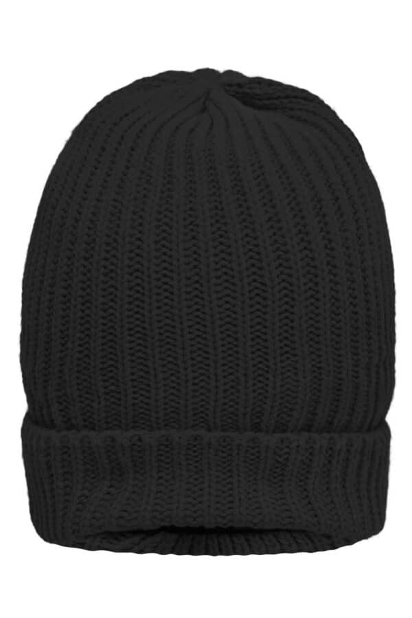 A black knitted cap with a ribbed texture and a folded cuff, featuring a logo on the side.