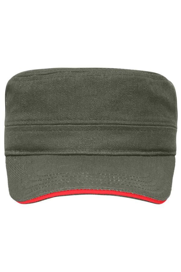 A military-style cap in olive green with a red underside on the brim. It features a logo on the front.