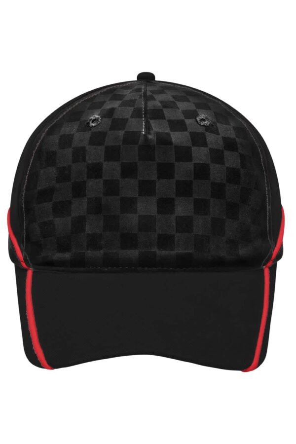 A black racing cap with an embossed checkered pattern and red piping accents. It features a logo on the front.