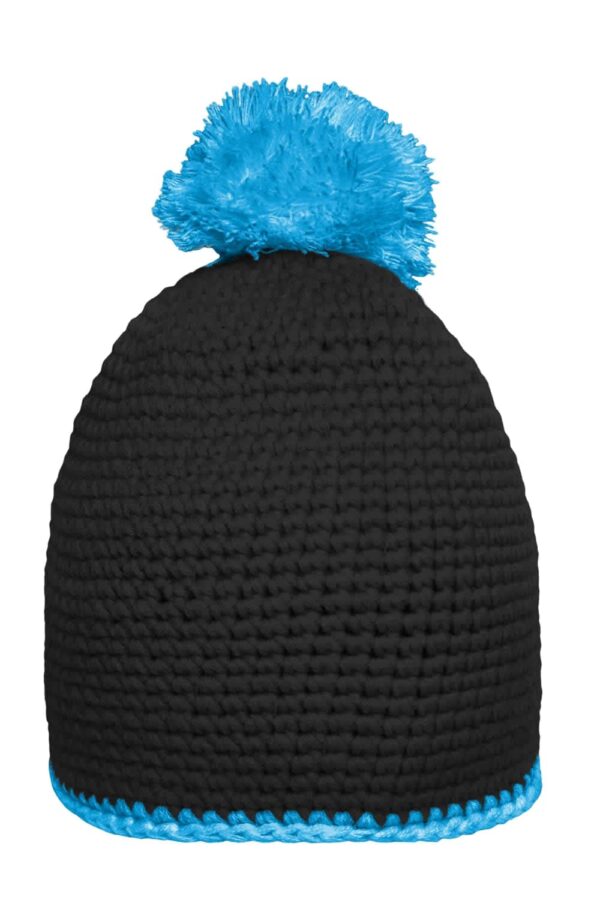 A black crochet hat with a bright blue pompom and contrast stripe at the base. It features a logo.