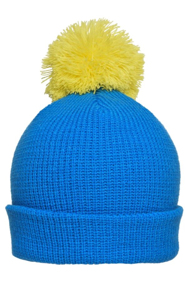 A blue knitted beanie with a yellow pompom on top and a folded brim, featuring a logo.