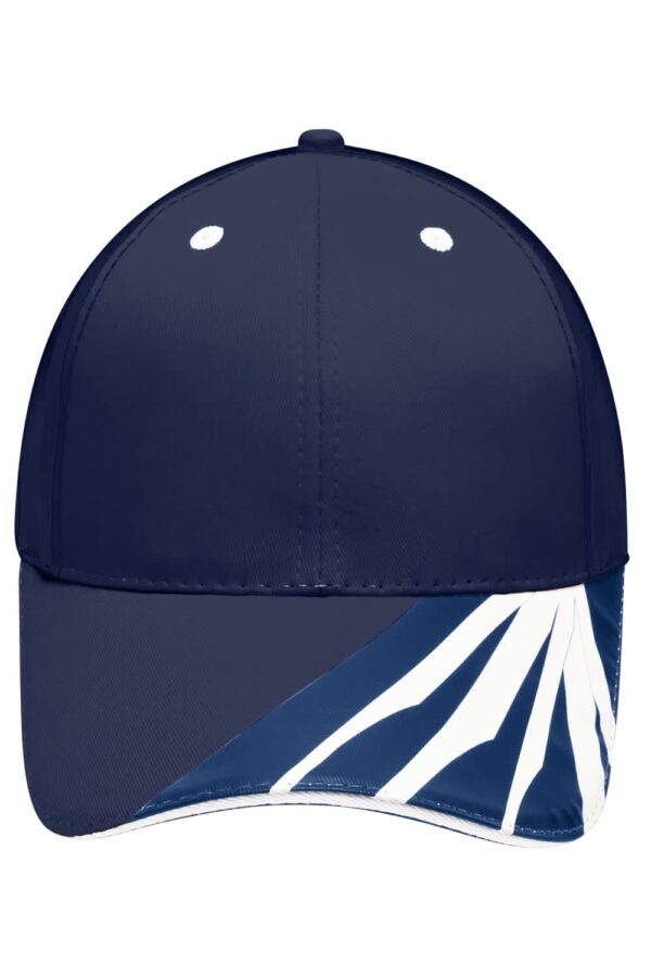 A navy blue cap with a curved brim and a geometric design in lighter shades on the side. It features a logo.