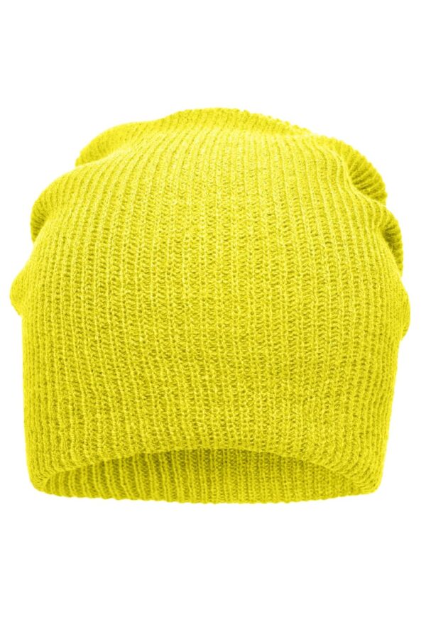 A knitted long beanie in bright yellow with a textured pattern. It has a rounded top and a snug fit.