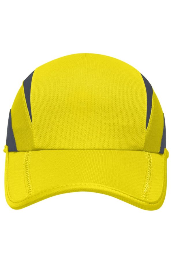 A bright yellow sports cap with navy accents, featuring a logo on the front.