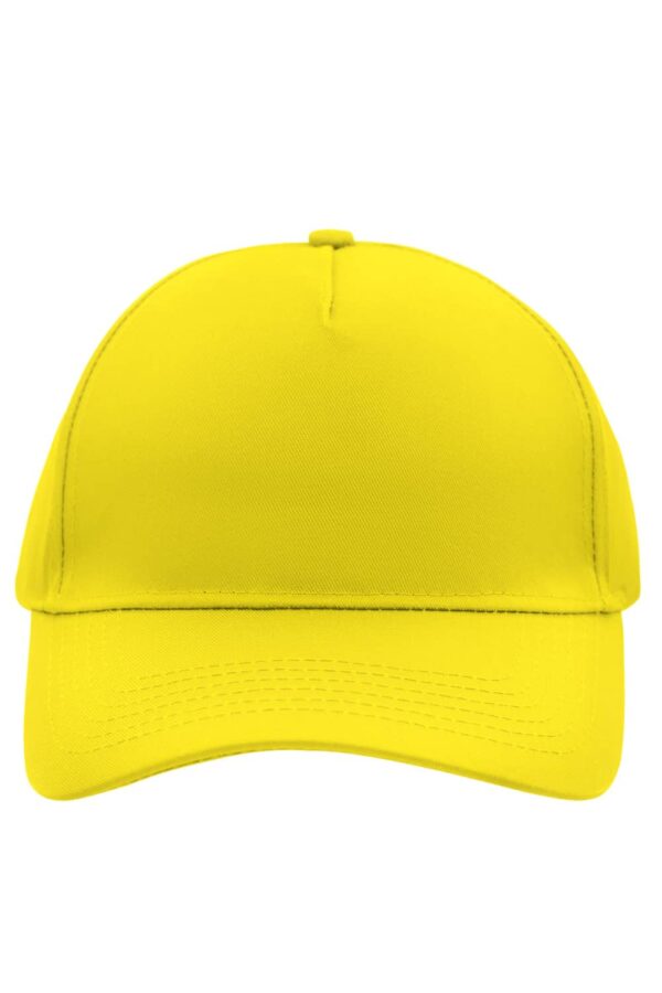 A bright yellow 5 panel cap featuring a curved brim and a logo on the front.