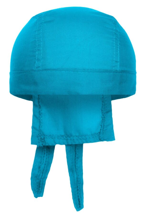 A turquoise bandana hat with ties at the back and a rounded top. It has a simple design and stitching details.