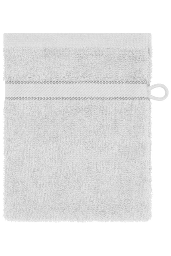 A grey flannel towel with a textured surface and a hanging loop at the top. It features a striped band.
