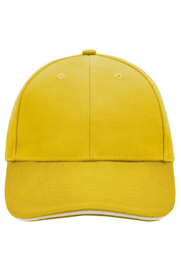 A yellow 6 panel sandwich cap with a smooth finish and a logo on the front.