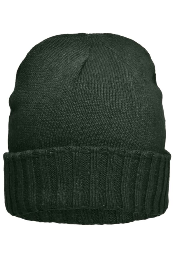 A dark green beanie hat with a ribbed fold-up cuff and a plain texture. It features a logo on the side.