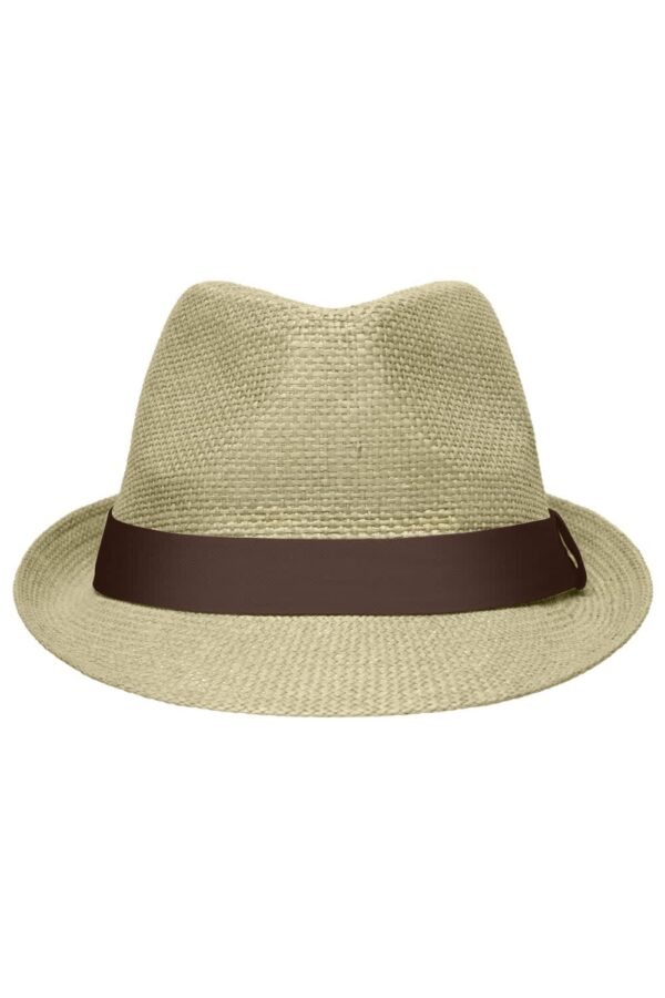 A tan fedora hat with a dark brown band, featuring a logo on the side.