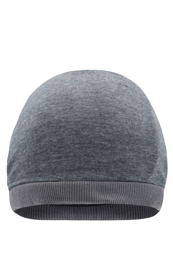 A grey beanie featuring a rounded top and a ribbed band. The product has a logo.