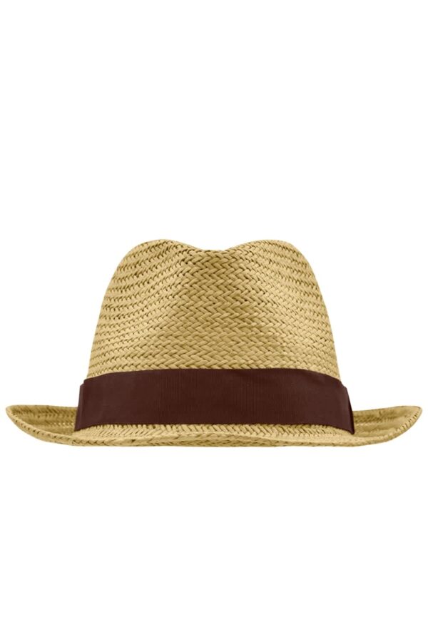 A straw hat with a wide brown band, featuring a classic wide-brim design and a natural woven texture.