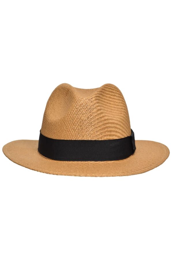 A tan traveller hat with a wide brim and black band around the crown. It has a textured surface and no visible logos.