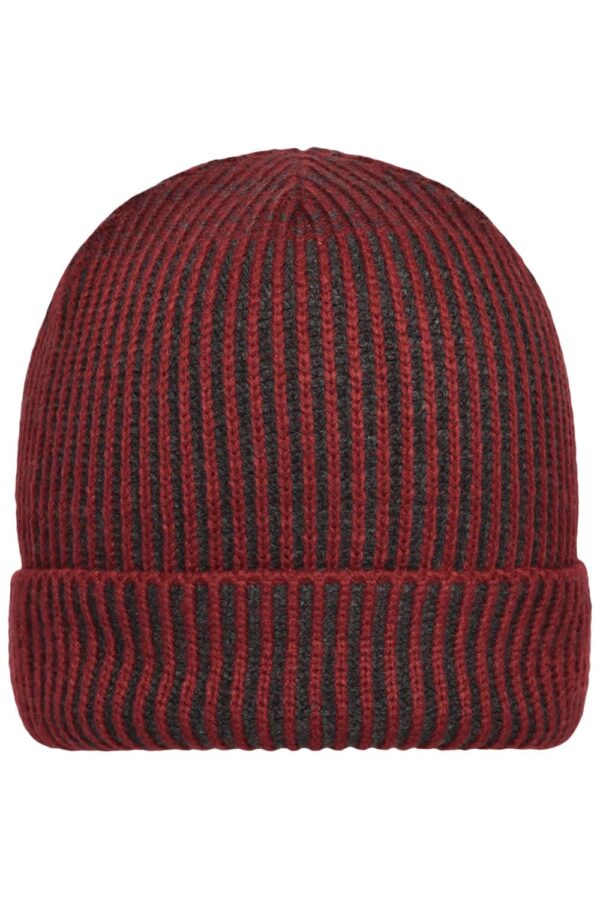 A ribbed beanie in dark red and grey tones, featuring a fold-over cuff and a textured design.