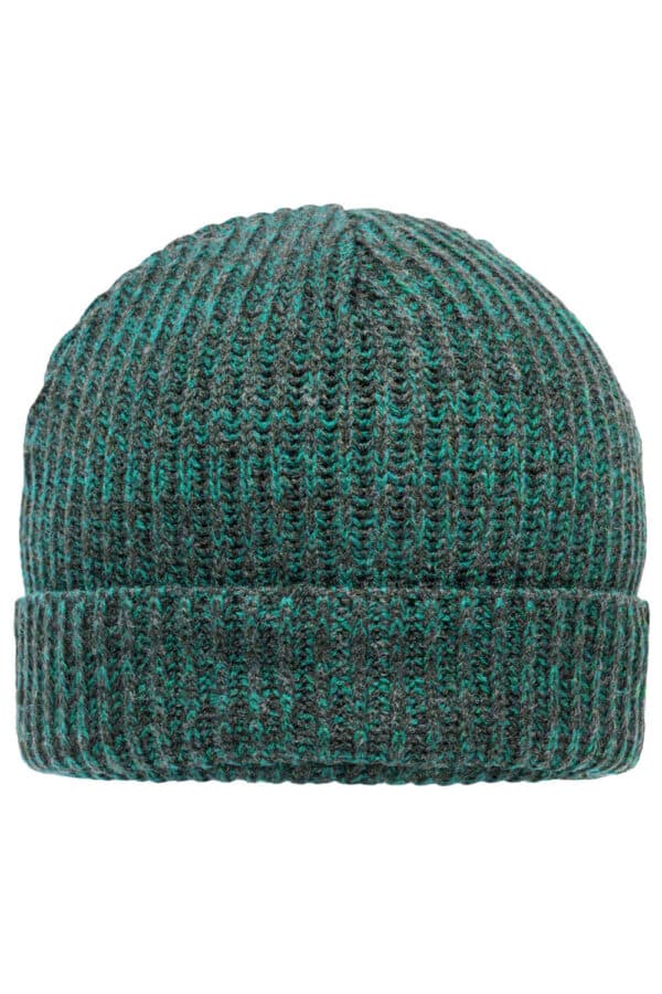 A beanie in grey and green, featuring a ribbed texture and a fold-over cuff. It has a logo on the side.