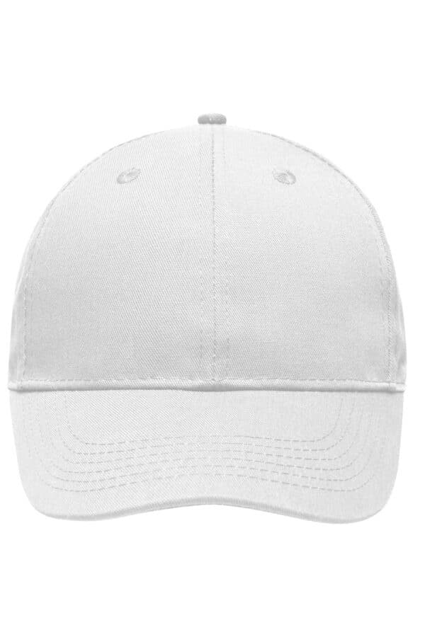 A white 6-panel workwear cap with a curved brim and a logo on the front.