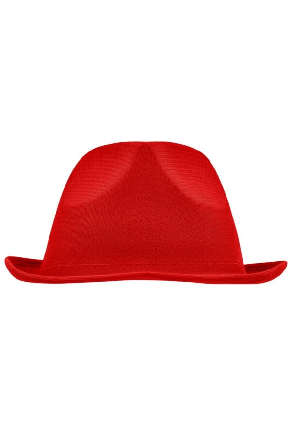 A red hat with a wide brim and a smooth texture, featuring a logo on the side.