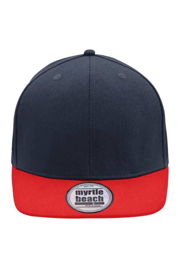 A six-panel cap in navy and red featuring a logo on the front.