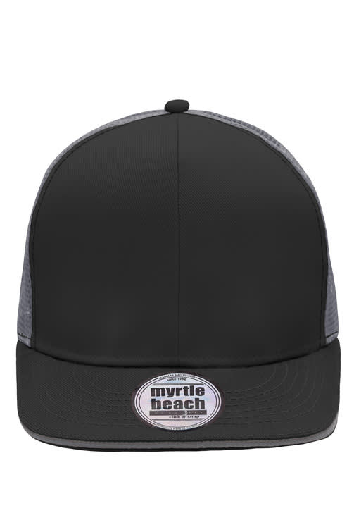 A black cap with a grey mesh back and a logo on the front. It features a flat brim and six panels.