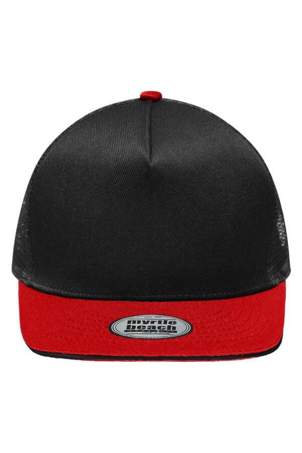 A black and red five-panel cap featuring a mesh back and a circular logo at the front.