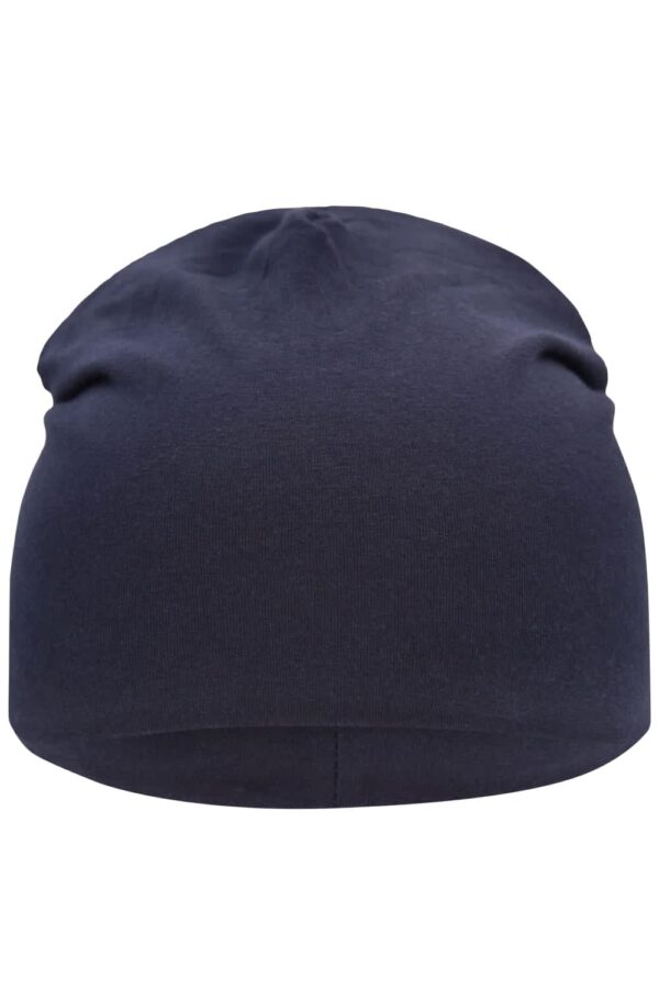 A navy Jersey Beanie with a simple, snug design and rounded top. It features a logo detail.