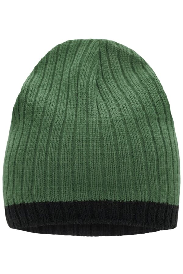 A knitted hat in green with a black band at the bottom. It has a textured ribbed pattern.