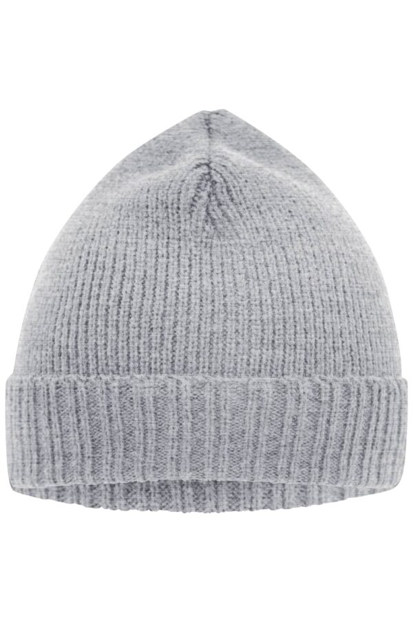 A grey knitted beanie featuring a ribbed cuff and a tapered top. The design is simple and classic.