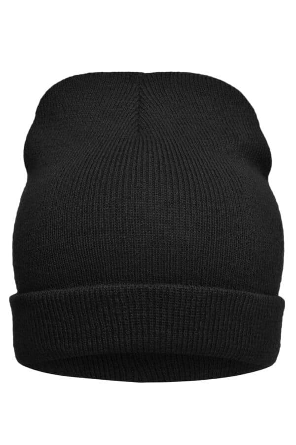 A black knitted beanie with a cuffed design, featuring a logo on one side.