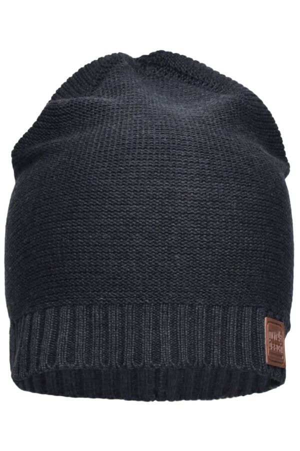 A dark grey cotton hat with a textured knit design and a ribbed band, featuring a small logo.