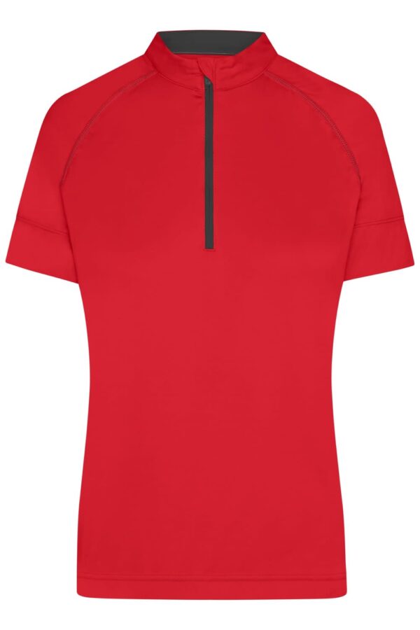 A red half zip top with short sleeves and a black collar, featuring a logo.