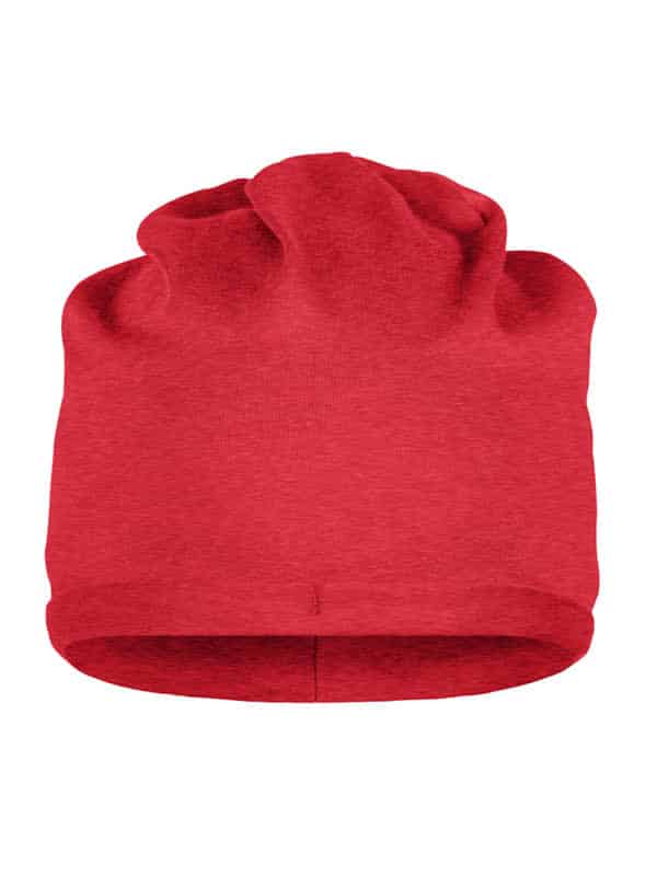 A red beanie with a slouchy design, made from bio cotton, featuring a logo on the side.