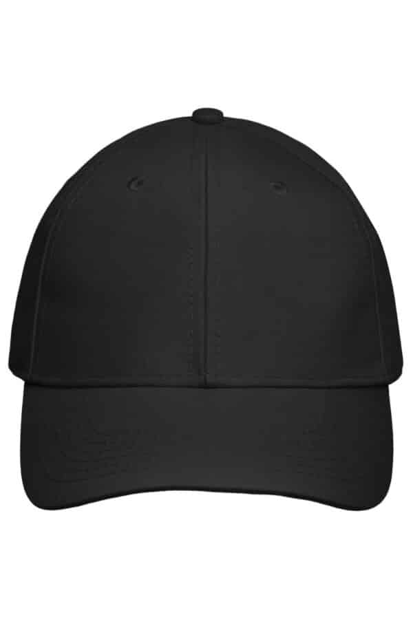 A black 6-panel cap with a curved brim and an adjustable strap at the back. It features a logo on the front.