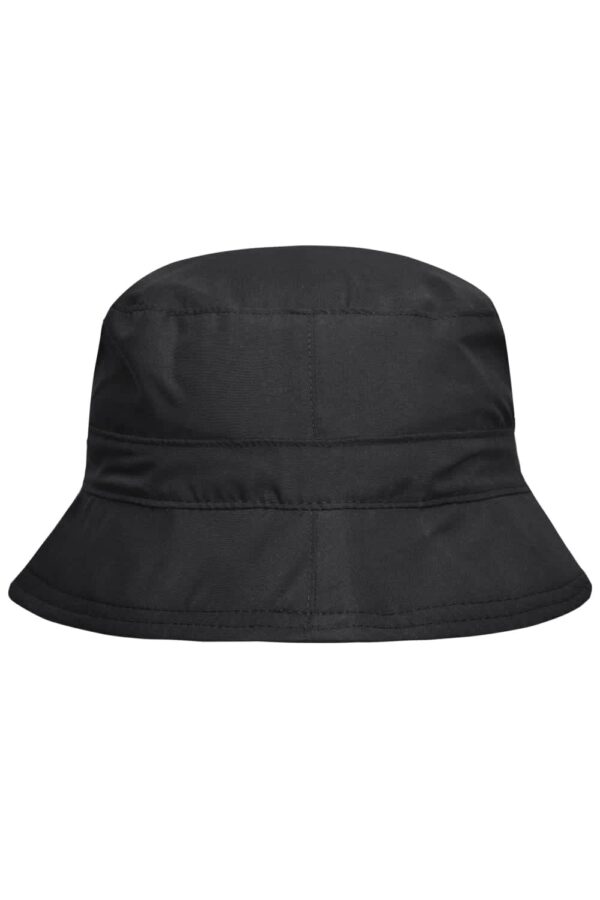 A black bucket hat with a wide brim, featuring a plain design and a logo on the side.