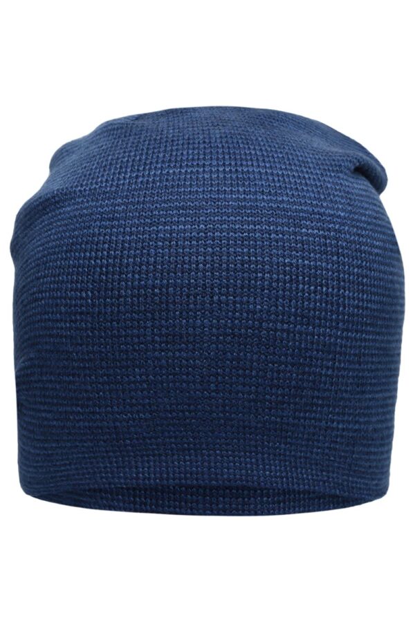 A casual long beanie in a deep navy blue with a textured pattern and no visible branding.