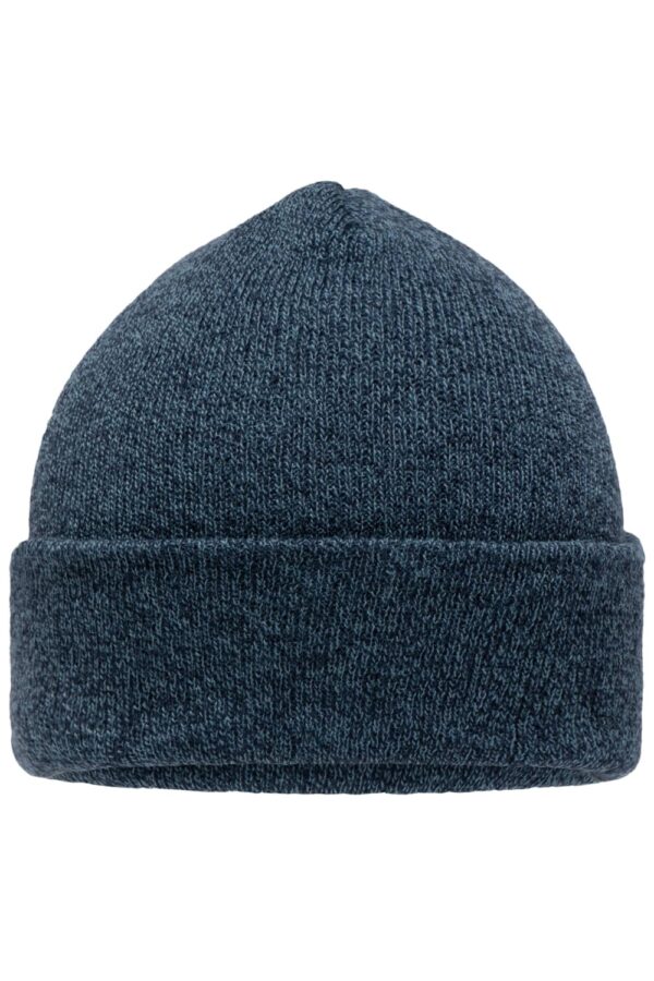 A dark blue Melange Beanie with a ribbed cuff and a smooth, textured finish. It has a logo.
