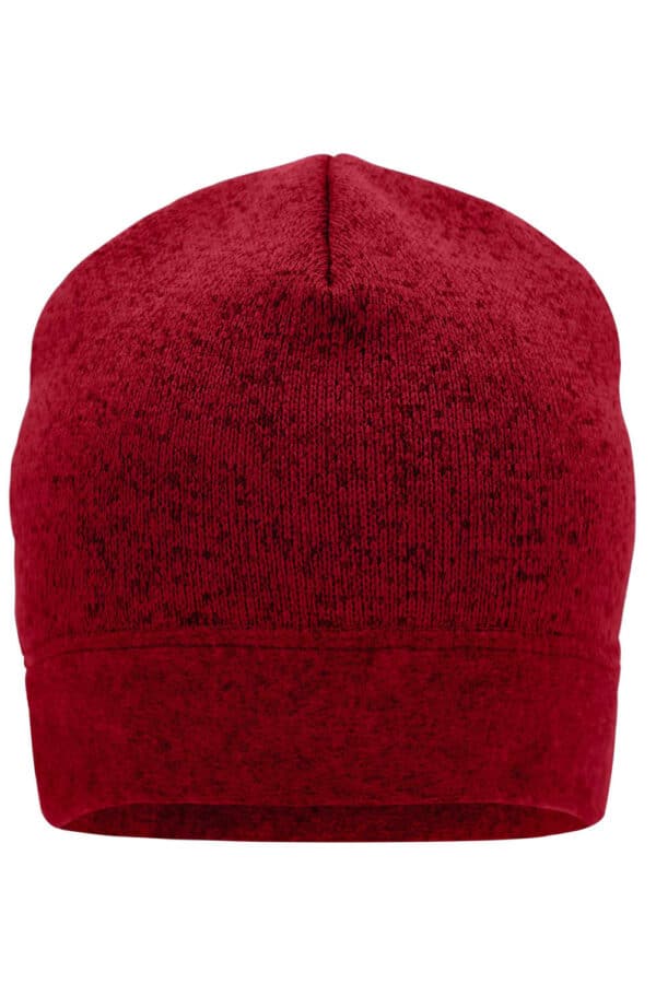 A red knitted fleece beanie with a folded cuff and a smooth texture, featuring a logo on the side.