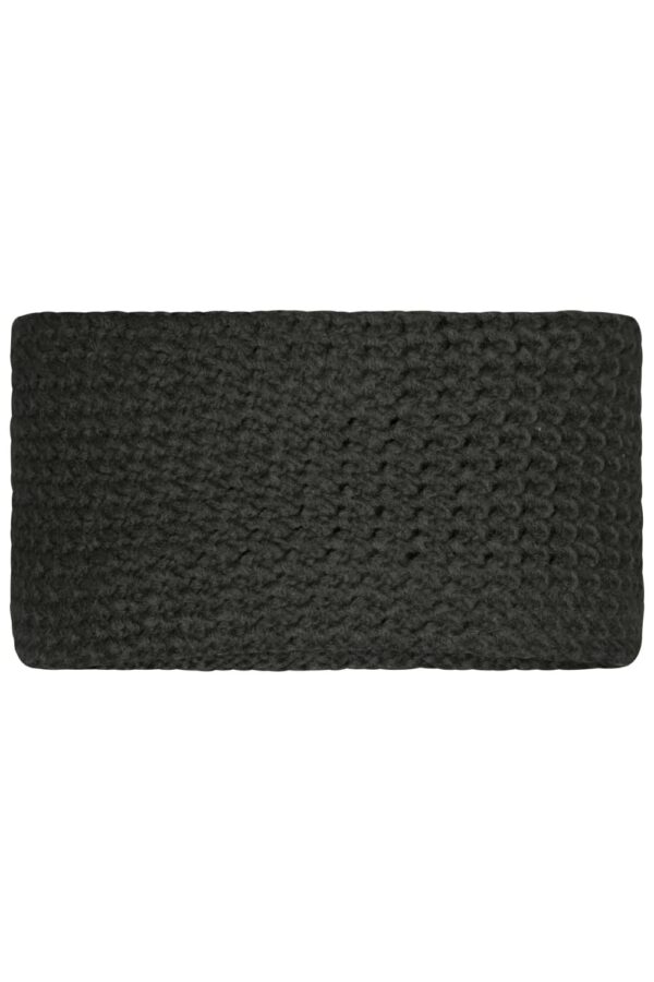 A fine crocheted headband in dark green, featuring a textured, chunky knit design. It has a simple branding logo.