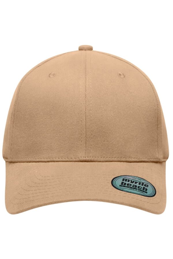 A beige 6 panel elastic fit baseball cap featuring a logo on the side.