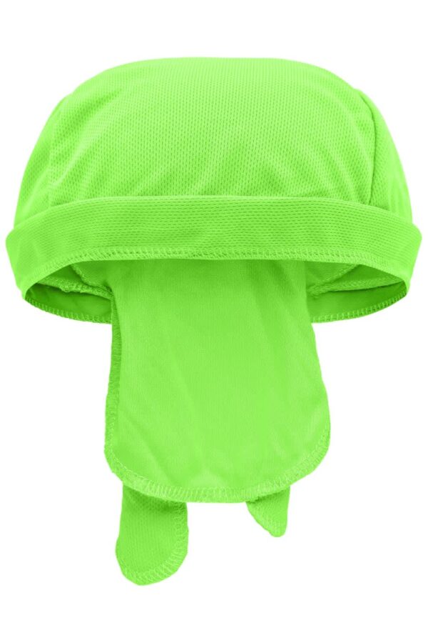 A bright green bandana hat with a mesh top and extended ties at the back. Features a logo.