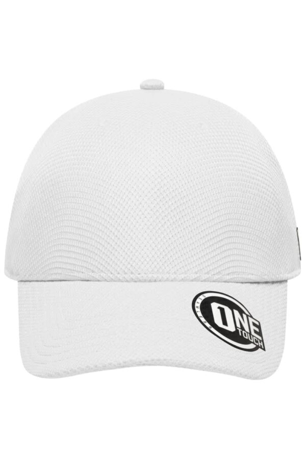 A white Seamless Onetouch Cap featuring a logo on the side. The cap has a textured design and a curved brim.